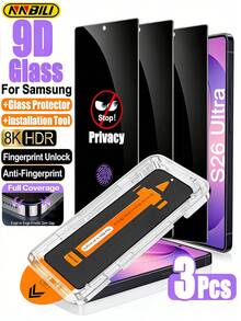 NNBILI 3入組 Galaxy S 系列隱私鋼化玻璃螢幕保護貼，支援指紋解鎖，附自動清潔與自動對位工具，一鍵安裝，相容 Galaxy S26 Ultra/S26+/S26/S25 Ultra/S25+/S25/S24 Ultra/24 Plus/24/23/22/21，28°防窺，全螢幕覆蓋，防指紋、防摔、防刮、無氣泡，手機螢幕保護貼，手機配件，相容手機殼 - 黑色 - 查看 20