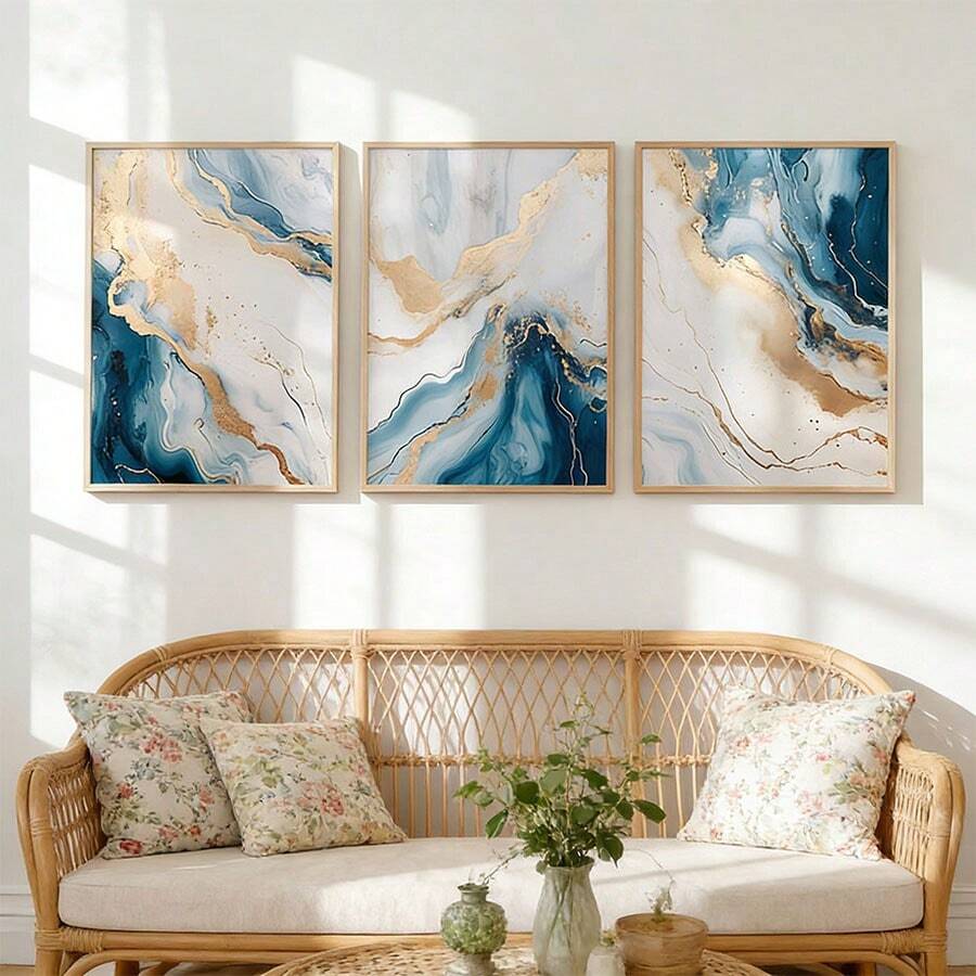 3 Piezas Pintura en lienzo de mármol abstracto azul y dorado, impresiones modernas de lujo de tinta fluida y geoda, decoración abstracta de dorado y azul verdoso para sala de estar y dormitorio, decoración minimalista y bohemia para el hogar, sin marco - 810 - Ver 1