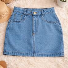 Women's High-Waisted Denim Short Skirt With Front Pockets, Light Blue - Azul claro - Ver 3