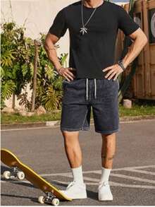 Men's Washed Vintage Shorts Casual Relaxed Fit Drawstring Waist Beach Shorts Streetwear Style Street Wear - 黑色 - 查看 9
