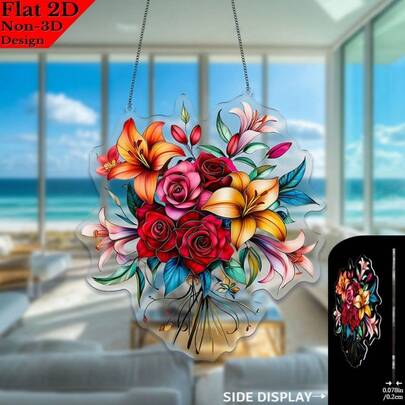 2D Flat, 1pc Acrylic Hanging Decor (18.29 Cm X 19.99 Cm), Rose & Lily Bouquet, Suitable For Garden Gate, Front Door, Winter Porch, Office Area, Minimalist Wall Decor, Mother's Day Gift, Holiday Decoration