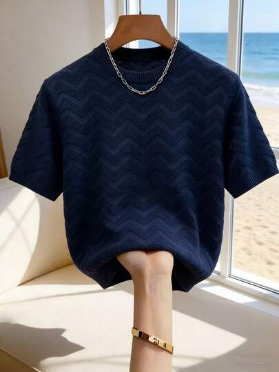 Suéter de cuello redondo de manga corta de punto de unicolor para hombres, casual y versátil para ir al trabajo, primavera/verano