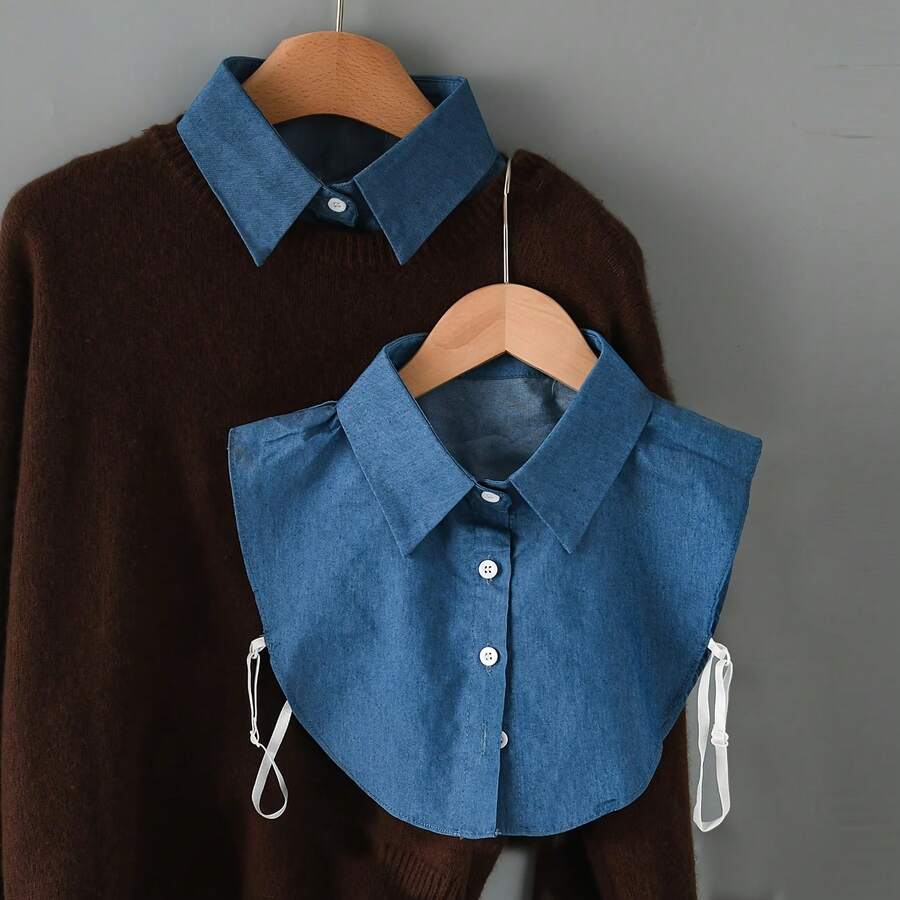 1 buah Kemeja Kasual Denim Wanita dengan Kerah yang Dapat Dilepas, Kerah Tegak, Kerah Berumbai, Aksesori Kemeja dengan Kerah yang Dapat Dilepas