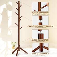 Solid Wooden Coat Rack Freestanding New Zealand Pine Brown 8 Hooks Adjustable Sizes Space Saving Coat Tree For Entryway Office Bedroom Home - Brown - View 1