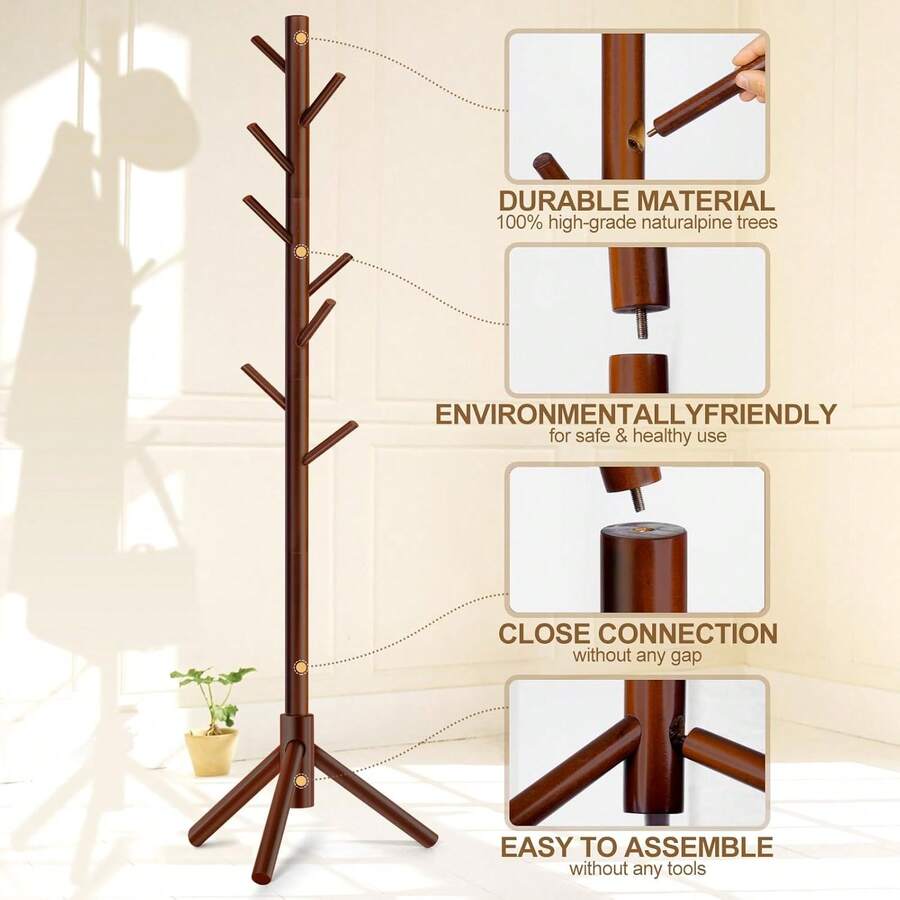 Solid Wooden Coat Rack Freestanding New Zealand Pine Brown 8 Hooks Adjustable Sizes Space Saving Coat Tree For Entryway Office Bedroom Home - Brown - View 1