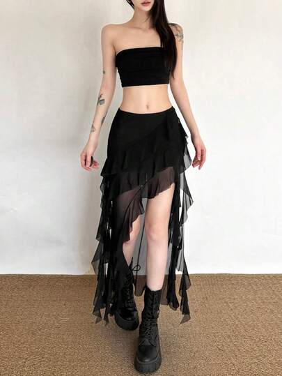 Chân váy dài bất đối xứng bằng polyester màu đen YeonC Chic dành cho nữ, thiết kế xếp nếp và độ co giãn cao, thích hợp cho tiệc tùng.