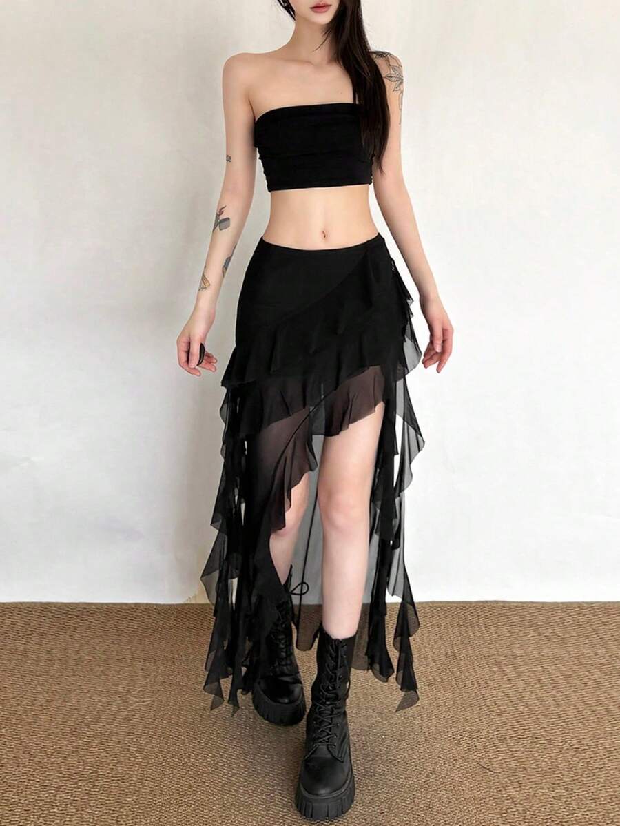 Falda larga asimétrica negra de poliéster con diseño de volantes y alta elasticidad para fiesta, estilo elegante para mujer de YeonC - Negro - Ver 1