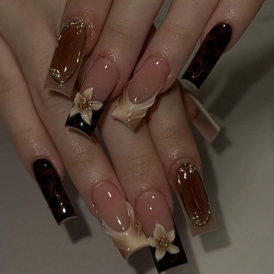 Ombre Brown Gradient Carved Leopard Print Elegant Nail Tips, Suitable For Women & Girls For Dates, Parties, Convenient For Travel, Press-On Nail Decals - Multicolor - View 1