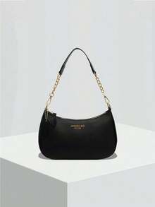 New Fashion Classic Wild Letter Decor Design Solid Color Waterproof PU Material Crescent Shoulder Bag/Underarm Bag, Suitable For Shopping And Crossbody Wear - Black - View 2