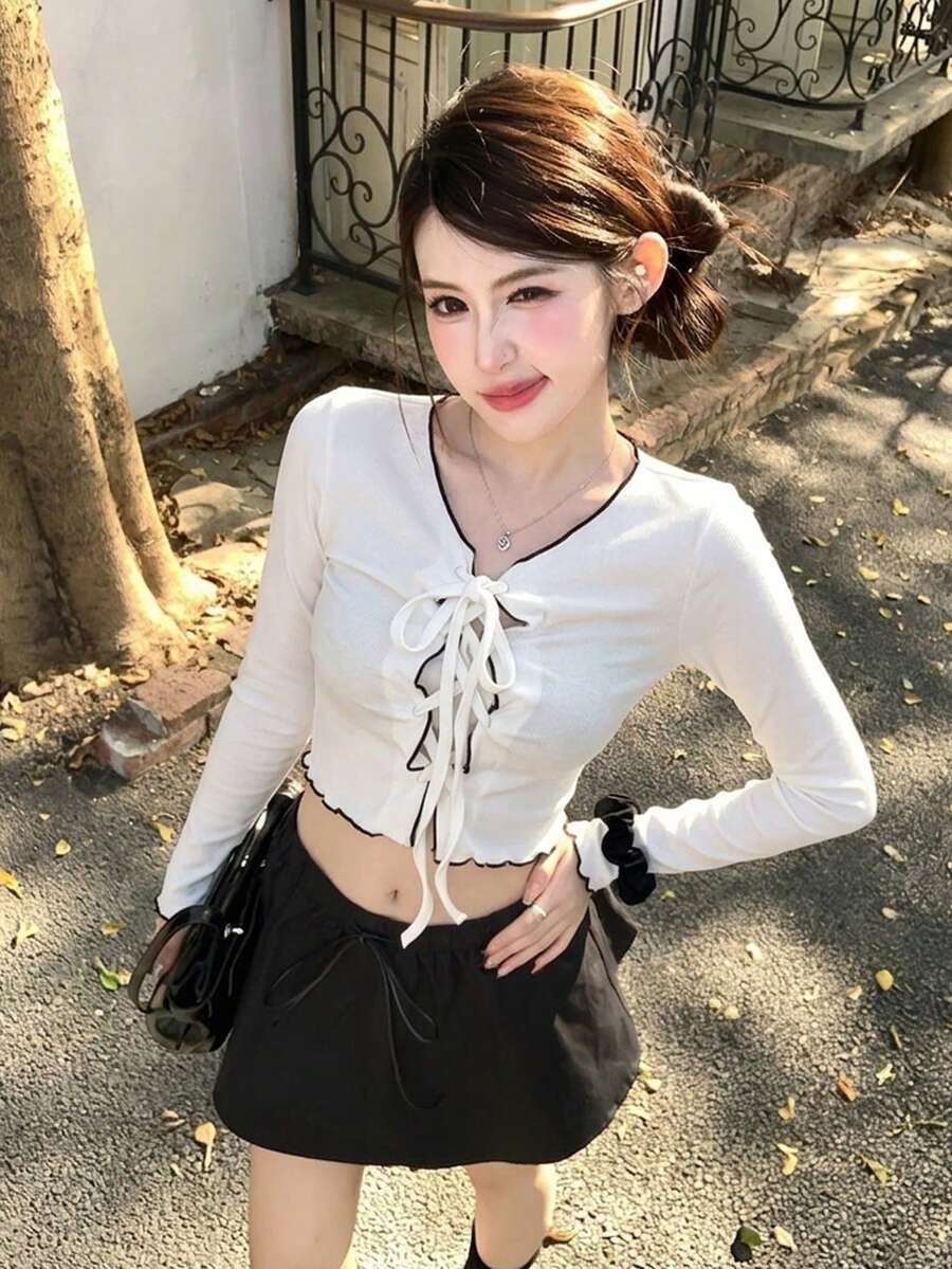 女款短版長袖T恤,前綁帶設計,修身版型,疊穿上衣,春秋白色 - 白色 - 查看 1
