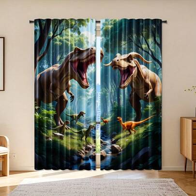 2pcs Dinosaur Curtains Suitable For Bedroom & - Prehistoric Jungle Print Light Filtering Panels, Rod Pocket Window Drapes, Machine Washable Room Decor ( &),Room Decor Curtains – Versatile Curtains For Bedroom, Kitchen & Home Decor,Please Select The Available Size, Without A Hanging Rod.