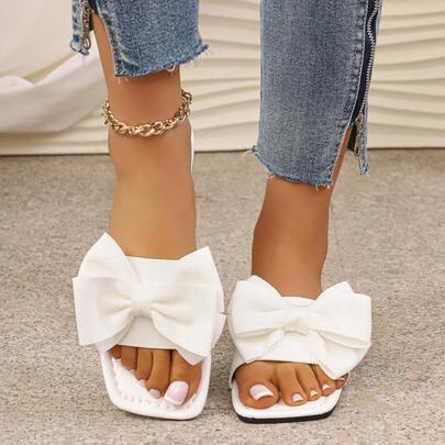 1 Pair 3D Bow Decor Square Toe Slip-On Sandals, Sweet Style For Daily Wear, Spring & Summer