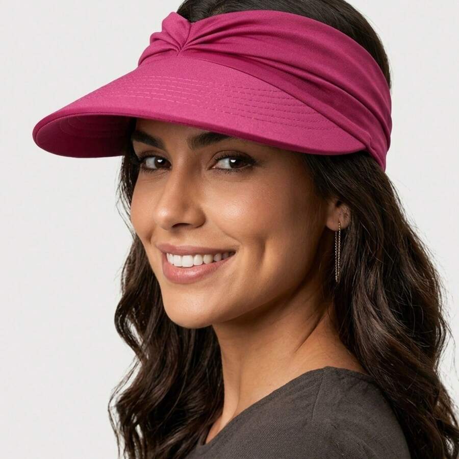 Women's Wide Brim Turban Visor With UV50+ Protection, Beach, Pool, Foldable, Adjustable, Summer - Rose Red - View 1