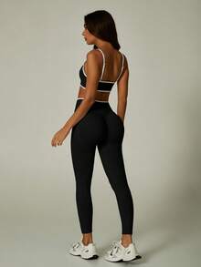 UONNOU Peach Butt-Lifting Fitness Set, Contrast Color V-Neck Spaghetti Strap Sports Bra & Leggings - Black - View 8