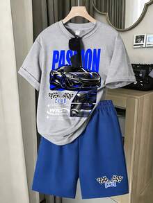2pcs/Set Pakaian Anak Laki-Laki Motif Mobil Balap Keren, Kaos Longgar Bergambar Mobil Sport Dipadukan dengan Celana Pendek yang Senada, Gaya Jalanan Musim Panas untuk Kembali ke Sekolah - Grey - View 1