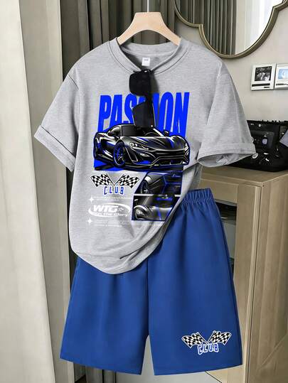 Bộ đồ 2 món cho bé trai họa tiết xe đua cực chất, áo thun thể thao rộng rãi phối cùng quần short cùng màu, phong cách đường phố mùa hè đi học.