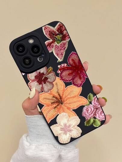 A Frosted Soft Case With A Pearl Embroidered Flower Pattern, Shockproof, Compatible With Apple 16, 15, 14, 13, 12, 11 Pro Max Series, Waterproof, Drop-Resistant, And Scratch-Resistant. Suitable For 17ProMax, 17PRO, Air 17, S22, S23, S24, S25 Ultra, A13, A14, A15, A16, A53, A54, A55, S26 Series, Waterproof, Drop-Resistant, And Scratch-Resistant.