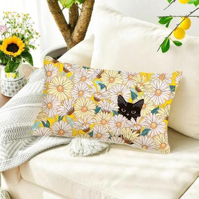 Vỏ gối mùa hè 12" x 20", Vỏ gối trang trí họa tiết hoa cúc vàng và mèo đen mùa xuân, Gối trang trí ngoài trời cho nhà cửa, Ngày lễ (12" x 20")