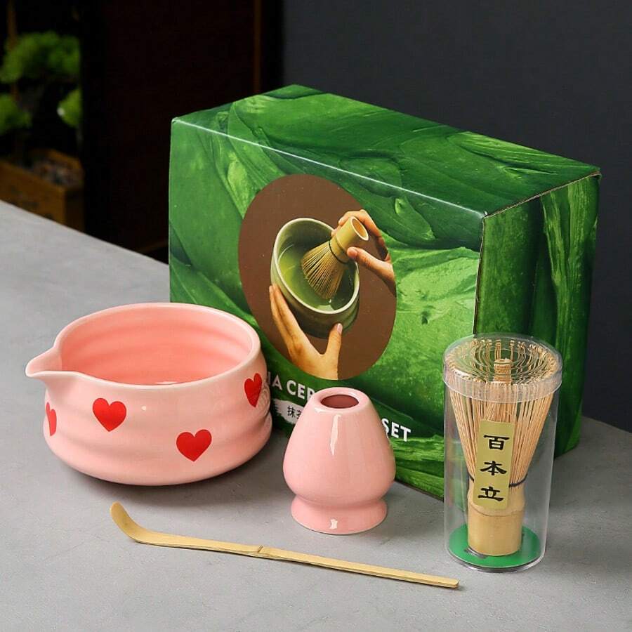 1/4件套可爱花朵抹茶搅拌器套装，日式茶具套装，包含搅拌器和带嘴抹茶碗，传统日式抹茶 - 彩色 - 查看 1