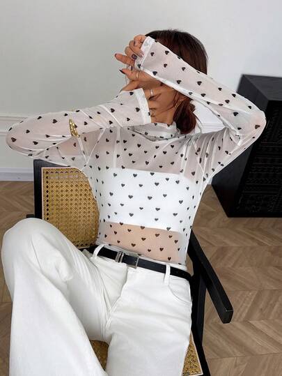 Y2K Herz Mesh transparentes Langarm T-Shirt mit hohem Kragen + Unterkleid, sexy minimalistischer Layering-Look Frühling Weiß