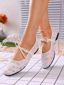 Fairy Style Rose Low Heel Mary Jane Flats, Bow Lace Low Vamp Flat Shoes For Spring/Summer - Multicolor - View 3
