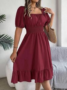Women's Spring Summer Casual Ditsy Floral Print Dress Short Puff Sleeve Drawstring Waist Flowy A-Line Midi Dress Boho Beach Vacation Holiday Outfit - Burgundy - View 6