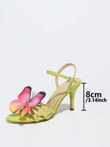 Women's High Heel Sandals, Suitable For Spring/Summer Night Parties, Outdoor Occasions, Fashion Parties. Features Round Toe, Shiny Criss-Cross Straps, Floral & Butterfly Decor, Soft Leather-Like Material, Adjustable Ankle Strap, Elegant Fluorescent Green Color, Formal Wear - Fluorescent Green - View 4