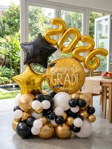 49件組 2026畢業派對裝飾氣球套裝，18英吋「Congratulations Graduation」圓形金色氣球，18英吋金/黑星形氣球，畢業主題派對拱門裝飾道具，10英吋金/黑/白乳膠氣球 - 查看 1
