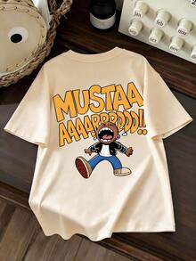 2pcs/Set Casual T-Shirt And Shorts Set For Teenage Boys, Featuring Cute Cartoon Character And Simple English Text Graphic, Summer Outfit - Apricot - View 5