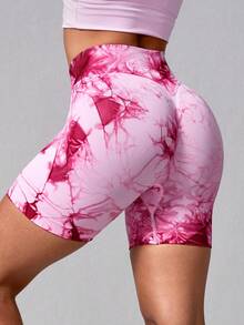 NcmRyu 1件装 女士高腰无缝扎染弹力修身运动短裤 - 紅色 - 查看 10