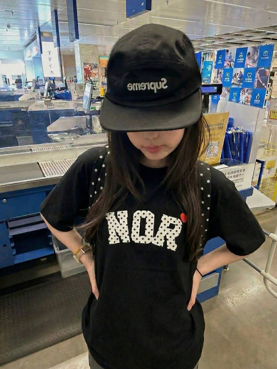 女士夏季休闲宽松纯棉字母卡通印花短袖T恤 黑色 - 黑色 - 查看 1