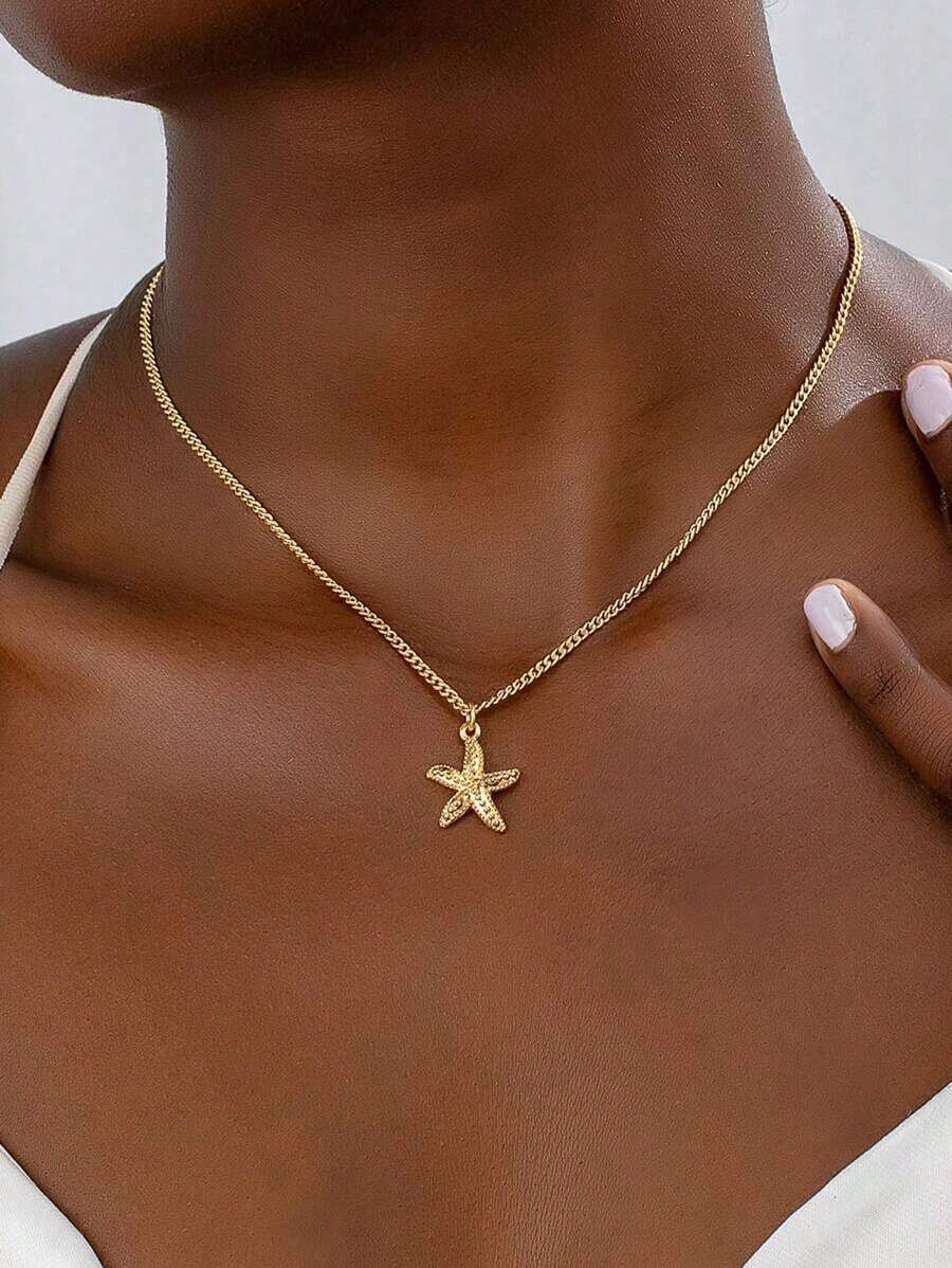1pc Elegant Starfish Pendant Necklace, Summer Beach Style (For Women) - Vàng - Xem 1
