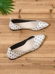 Zapatos de punta puntiaguda con escote en V con lunares, mocasines casuales de bajo empeine para mujer - Blanco - Ver 4