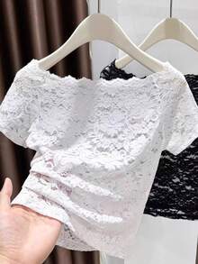 Áo thun tay ngắn hở vai ren xuyên thấu gợi cảm, áo hai dây lưới trắng dáng ngắn cho mùa hè năng động. - trắng - Xem 1