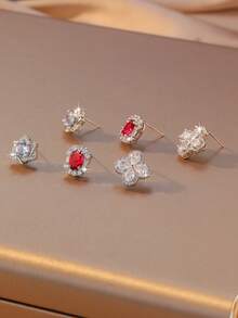 1/3Pairs Delicate Silver CZ Earrings Set | Red Halo, Star Halo & Clover Studs | Elegant Office & Mother's Day Jewelry - Gold - View 5