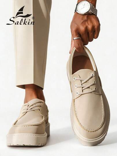 Salkin Minimalist Designer Men's Casual Shoes, Retro Soft Suede-Like Upper, Affordable High-End Feel, Soft & Comfortable Round Toe Formal Leather Shoes, Elegant Gentleman Business Thickened Outsole, Daily Walking Shoes, Suitable For Couples, Outings, Parks, Parties, Weddings, Holidays, Gifts. Size Runs Small, Please Order One Size Up.