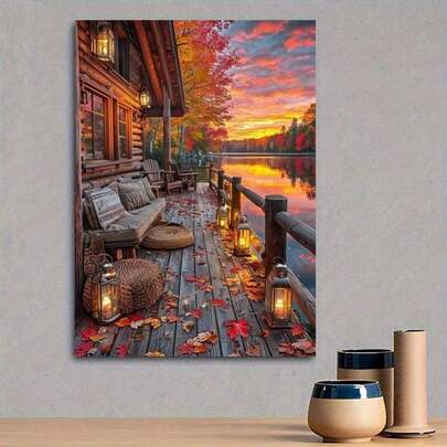 1pc 2D Flat Canvas Art Poster Of Lakeside Sunset, Realistic Design. High-Quality Canvas Print Suitable For Living Room, Bedroom, Kitchen, Office, Cafe - Ideal Gift And Decor