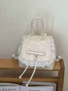 Cute Bow Lace Strap Girly Feeling Backpack, Elegant Small Backpack - Beige - View 5