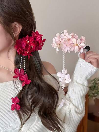 2件/套 人造花珍珠流苏发夹 - 适合女孩和女士，每套2件，红色和粉色浪漫组合，人造布艺花朵+珍珠流苏设计，飘逸灵动，非常适合日常佩戴、约会或度假，上镜！