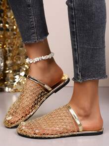 宽楦女式时尚欧美新款后系带渔网平底凉鞋，镂空舒适沙滩拖鞋 - 金色 - 查看 4