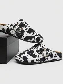 Men's Fluffy Cow Pattern Slippers - Open-Back Mule Loafers, Buckle Detail Casual Street Style Shoes - Đen và trắng - Xem 1