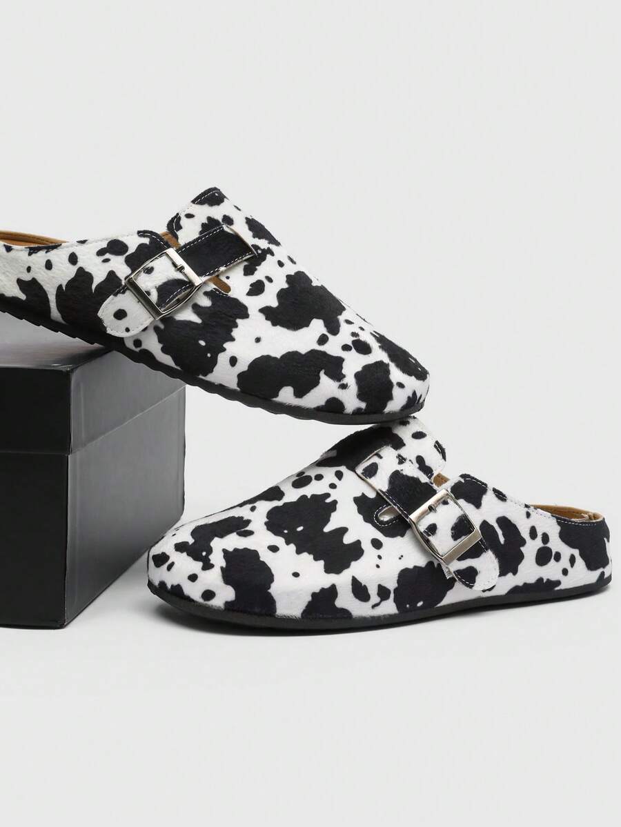 Men's Fluffy Cow Pattern Slippers - Open-Back Mule Loafers, Buckle Detail Casual Street Style Shoes - Đen và trắng - Xem 1
