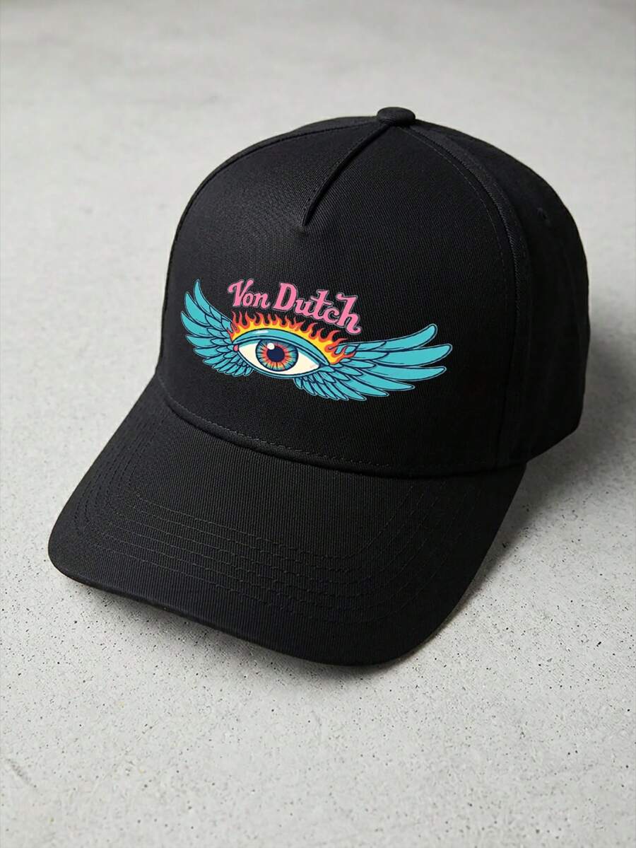 1pcs Von Dutch Eye Wings Flames Printed Baseball Cap, Classic Casual Retro Y2K Unisex Baseball Cap, Adjustable Size, Lightweight And Sun Protection, Suitable For Outdoor Sports, Daily Parties, And Vacations, - 黑色 - 查看 1