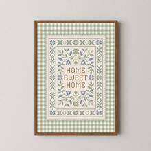 1幅带框/不带框“温馨的家”帆布海报，绿色格子花卉图案，积极向上语录，适合装饰门厅、走廊，营造田园风装饰效果，适用于公寓、客厅、卧室、现代家居装饰。 - Poster - 查看 1