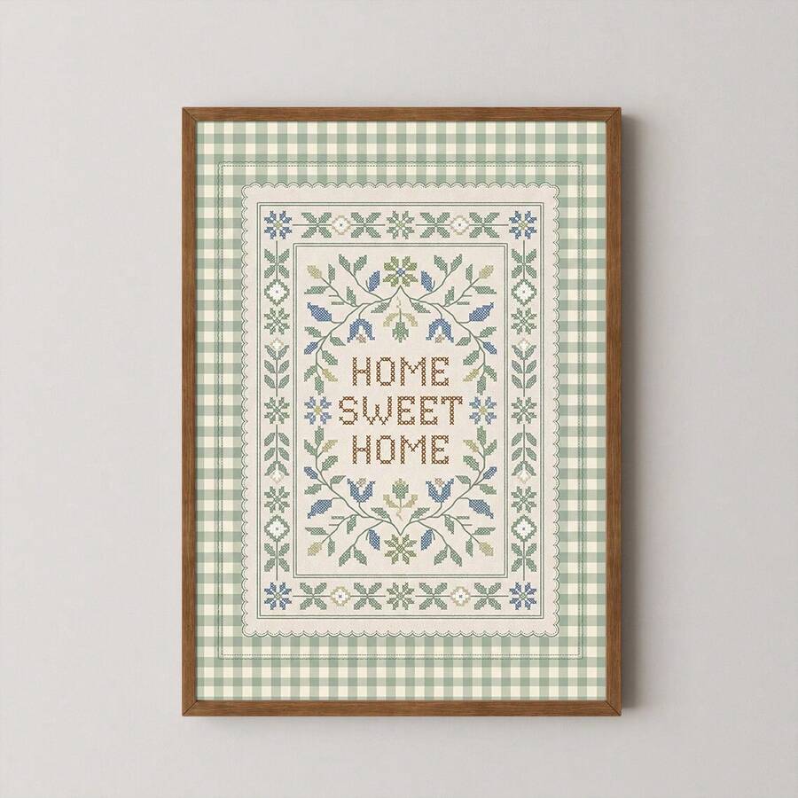 1幅带框/不带框“温馨的家”帆布海报，绿色格子花卉图案，积极向上语录，适合装饰门厅、走廊，营造田园风装饰效果，适用于公寓、客厅、卧室、现代家居装饰。 - Poster - 查看 1