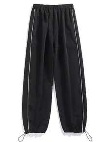 Men's Trousers, Side Tape Design, Solid Color, All-Match Style, Tapered Hem, Woven Fabric, Polyester, Suitable For Spring/Autumn, Versatile For Daily Commute Sports - Black - View 2
