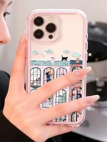1pc Unique Happy House Dancing Scenery Graphic Pink Transparent TPU Phone Case Compatible With IPhone 16/16Pro/15/15ProMax/15Pro/11/12/13/14ProMax/12Pro/12ProMax/13Pro/13ProMax/14Pro/14ProMax, Creative & Elegant - Multicolor - View 3