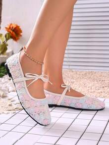 Fairy Style Rose Low Heel Mary Jane Flats, Bow Lace Low Vamp Flat Shoes For Spring/Summer - Multicolor - View 6