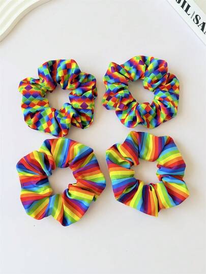 4个LGBTQ骄傲日多巴胺色发圈，彩虹条纹柔软面料，优雅时尚发饰，适合日常、节日和派对造型