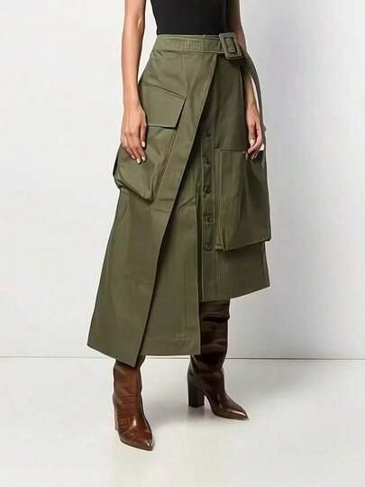 Women's Solid Color Asymmetric/Asymmetrical Casual Skirt, Suitable For All Seasons, Black Cargo Skirt Spring